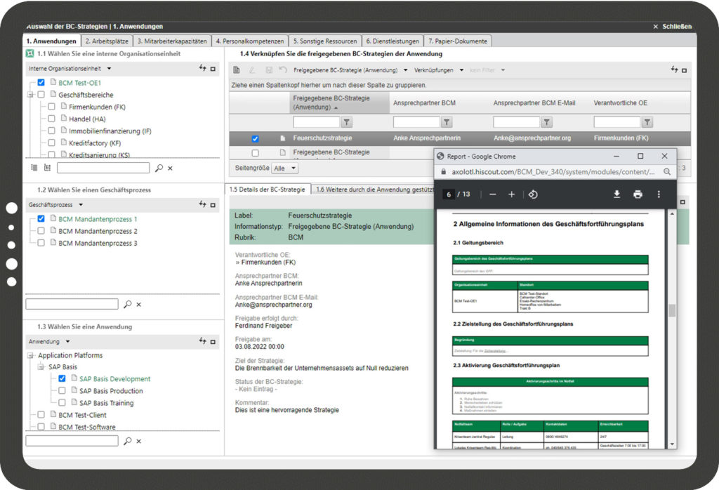 HiScout BCM Version 3.4.0 Screenshot Geschäftsfortführungsplanung