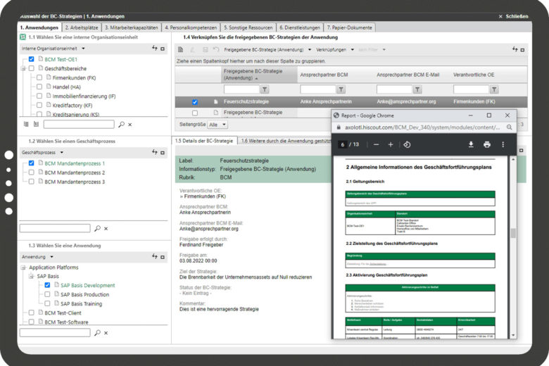 HiScout BCM Version 3.4.0 Screenshot Geschäftsfortführungsplanung
