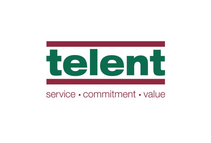Logo des Unternehmens Telent mit dem Text "Service, Commitment, Value"