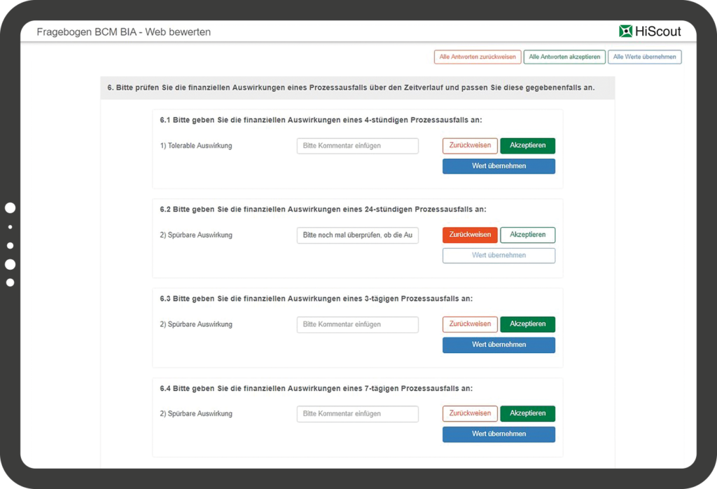 Screenshot HiScout Questionnaire